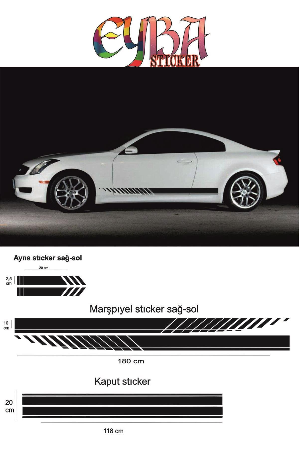 Oto Kaput-Marşpiyel-Yan Ayna özel yeni sticker 5 Li Set 180*10-90*20-20*2,5 Cm Sport 3