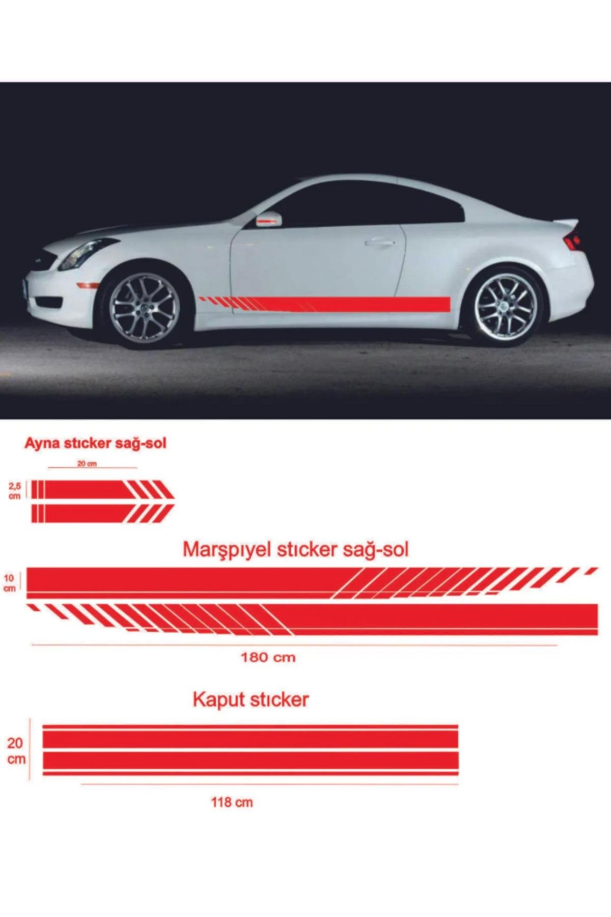 Oto Kaput-Marşpiyel-Yan Ayna özel yeni sticker 5 Li Set 180*10-90*20-20*2,5 Cm Sport 3