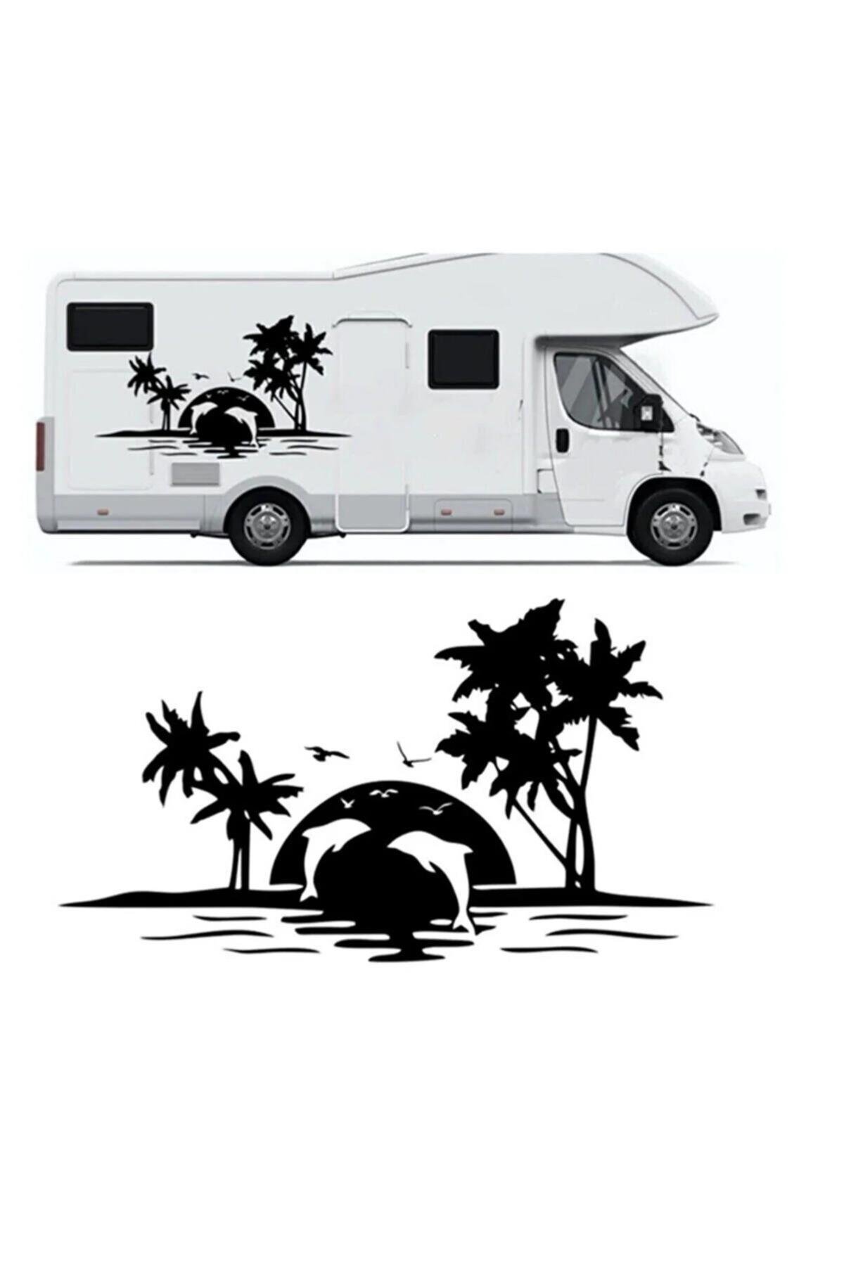 Palmiye Ve Yunuslar Kamp Karavan Oto özel yeni sticker Siyah 120*60 Cm