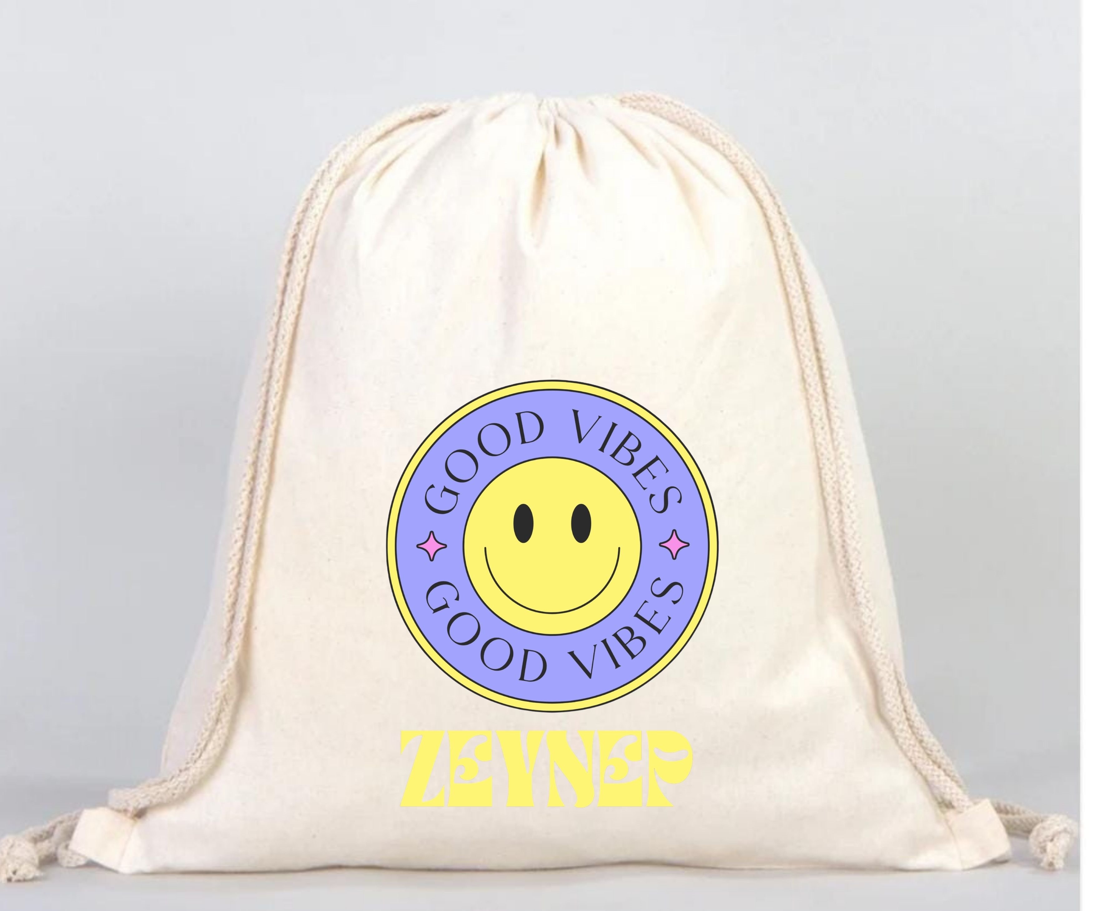 Retro Smiley Tasarımlı İsme Özel Ham Bez Çanta