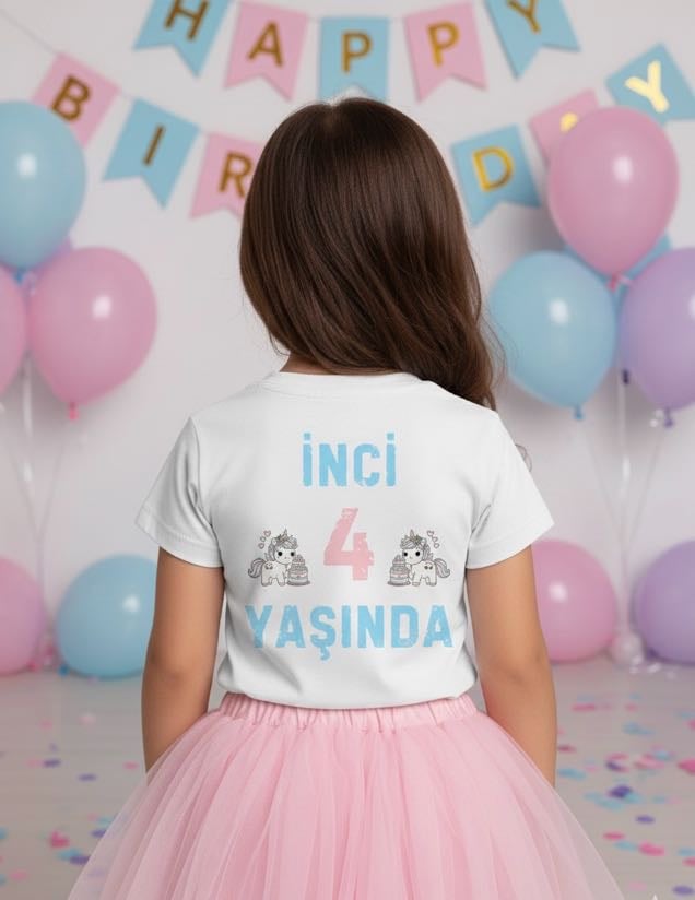 Unicorn ve Gökkuşağı Tasarımlı Kız Çocuk Doğum Günü Tişörtü - 
