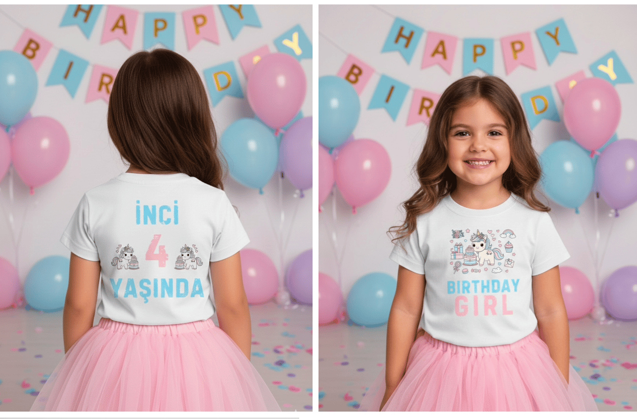 Unicorn ve Gökkuşağı Tasarımlı Kız Çocuk Doğum Günü Tişörtü - 