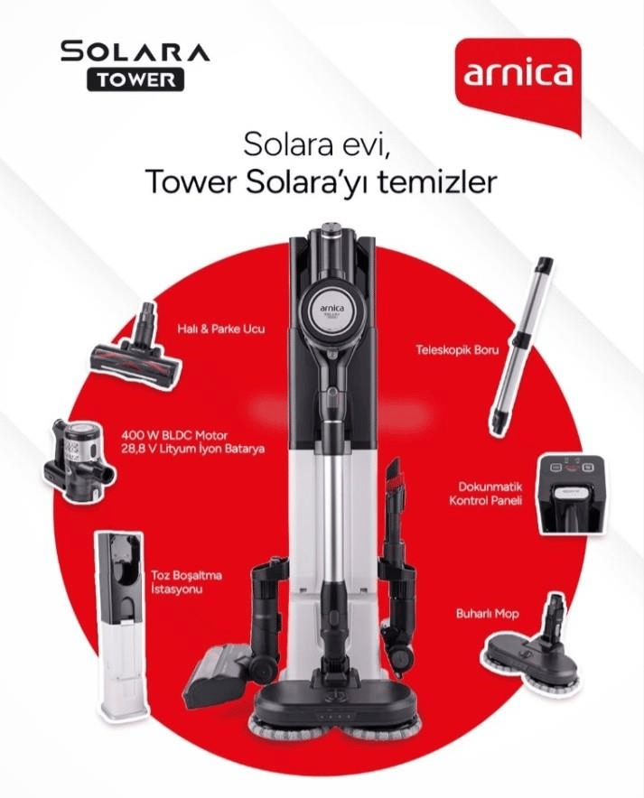 ARNİCA ET13490 SOLARA TOWER İSTASYONLU ŞARJLI DİKEY SÜPÜRGE Kredi Kartsız, Peşinatsız, Elden Taksitle | Habipler AVM