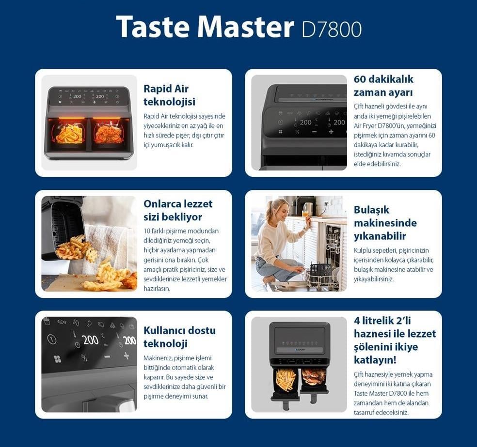 BLAUPUNKT D7800 Taste Master Çift Hazneli Airfryer FRİTÖZ Kredi Kartsız, Peşinatsız, Elden Taksitle | Habipler AVM
