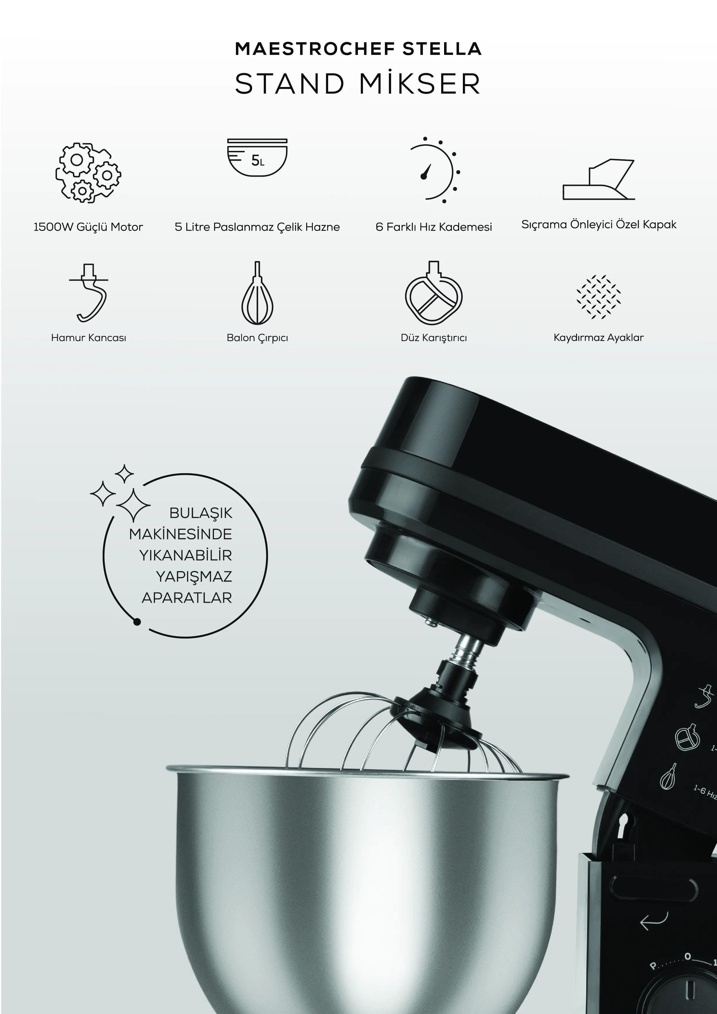 KARACA Maestrochef Stella 1500W 5 Lt HAMUR YOĞURMA MAKİNESİ Kredi Kartsız, Peşinatsız, Elden Taksitle | Habipler AVM