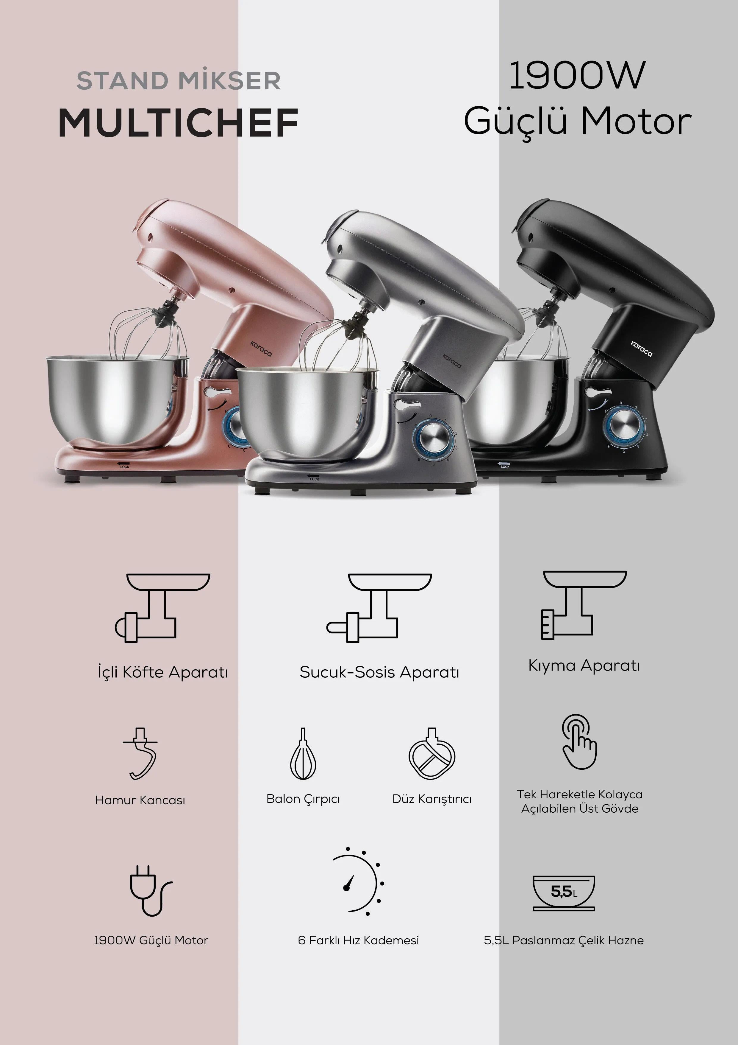 KARACA Multichef Kıyma Çekme/Sucuk-Sosis/İçli Köfte Aparatlı 1900W 5.5 Lt HAMUR YOĞURMA MAKİNESİ Kredi Kartsız, Peşinatsız, Elden Taksitle | Habipler AVM