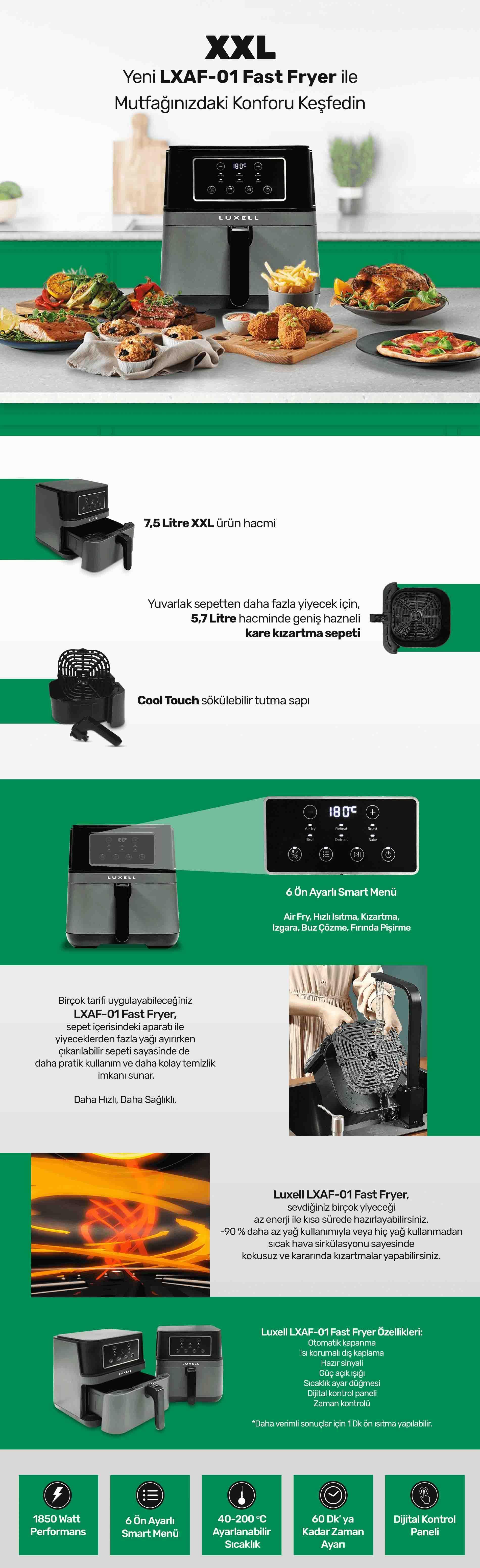 LUXELL LXAF-01 FastFryer Airfryer/Sıcak Hava FRİTÖZÜ Kredi Kartsız, Peşinatsız, Elden Taksitle | Habipler AVM