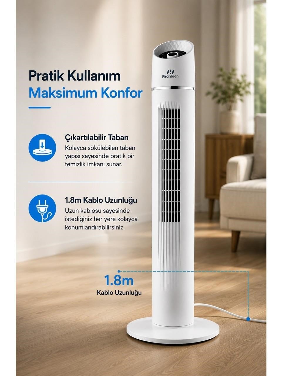 PİRANTECH EV-116 (45 Watt) KULE TİPİ VANTİLATÖR | Kredi Kartsız Elden Taksit | Habipler AVM