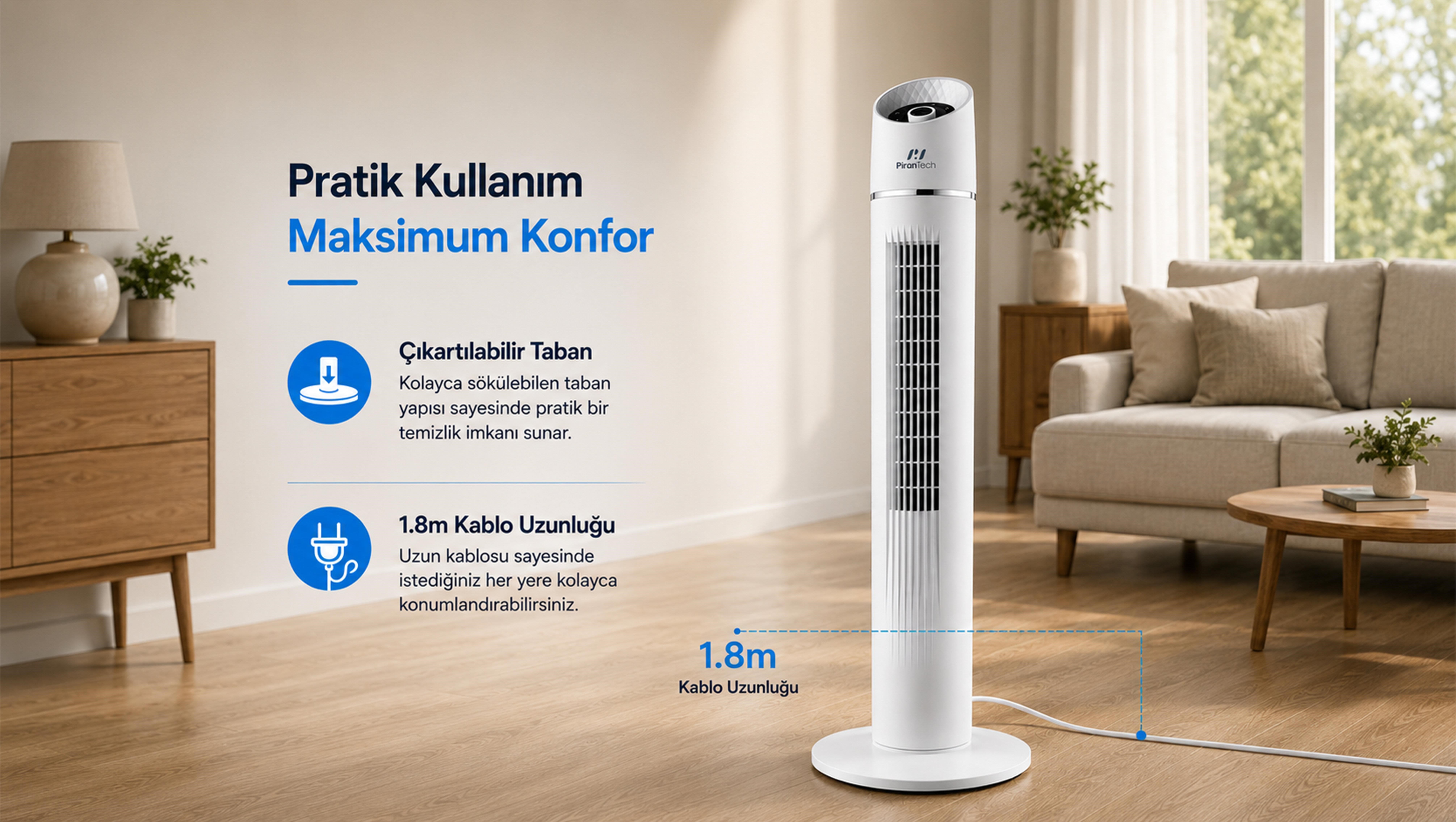 PİRANTECH EV-116 (45 Watt) KULE TİPİ VANTİLATÖR | Kredi Kartsız Elden Taksit | Habipler AVM