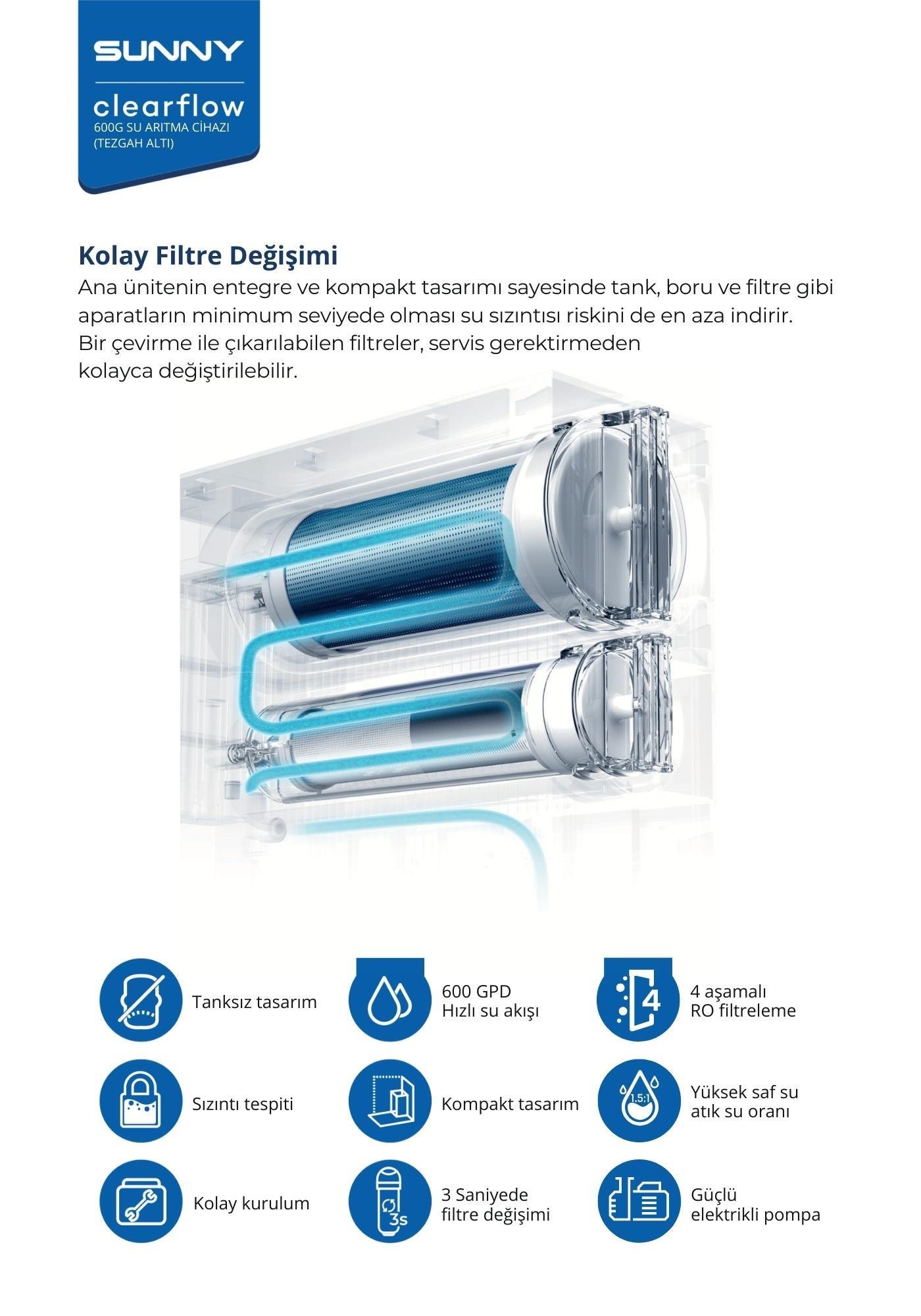 SUNNY CLEARFLOW POMPALI YENİ NESİL SU ARITMA CİHAZI (Ücretsiz Montaj - Tanksız Tasarım) (SN9 ART 004)