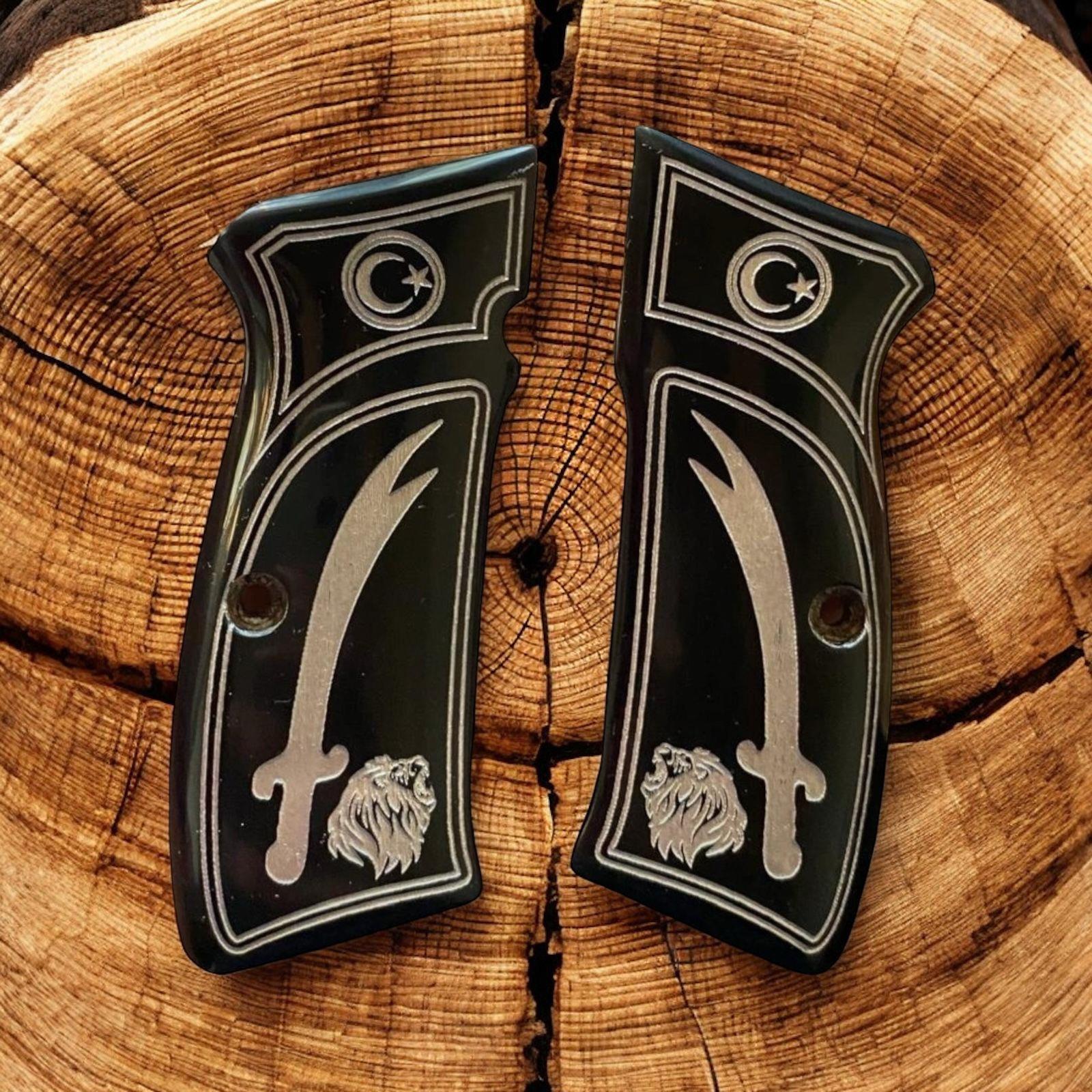 Cz aslan baş ve zülfikar kılıç altın yaldız işlemeli siyah sedef kabze