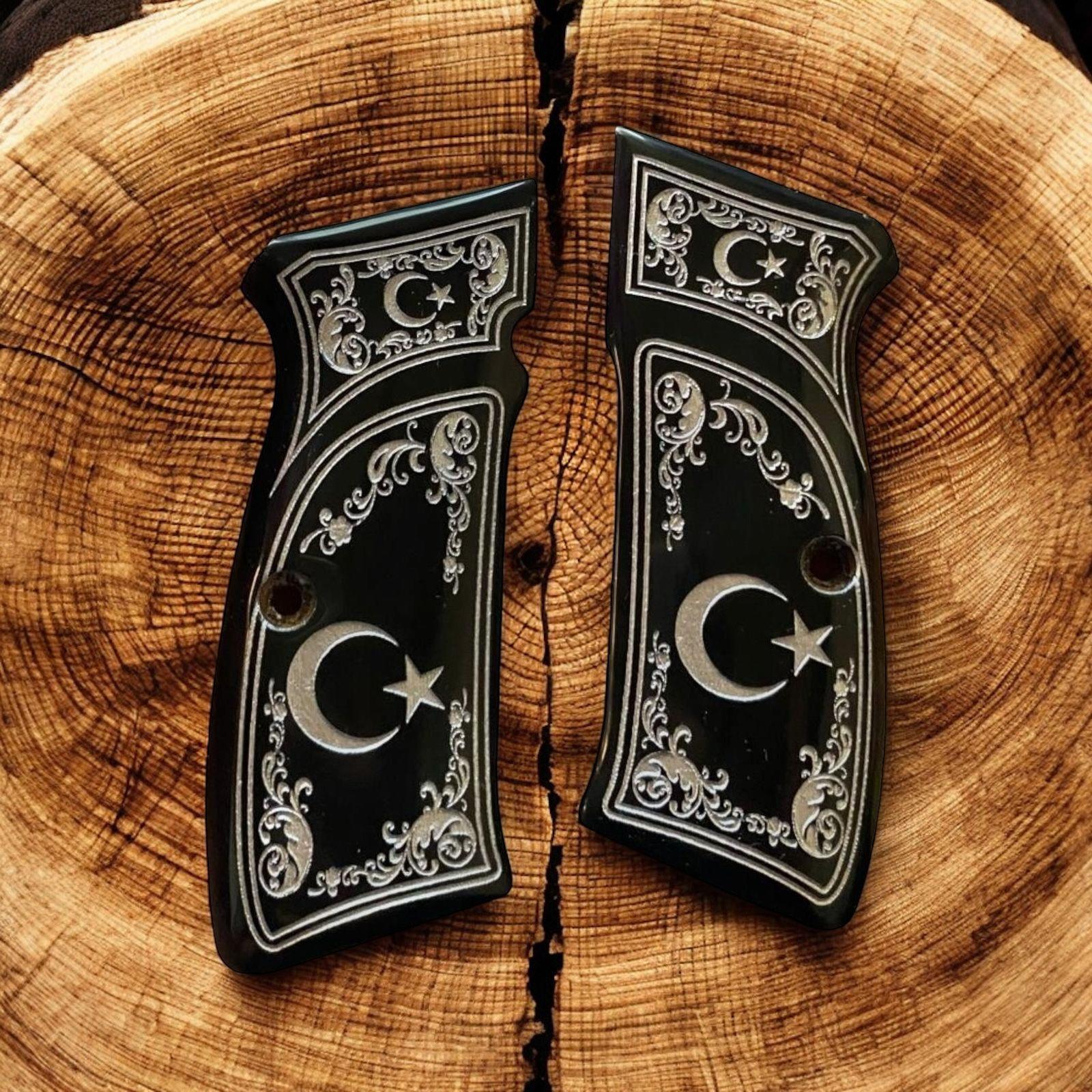 Cz ay yıldız altın yaldız işlemeli siyah sedef kabze