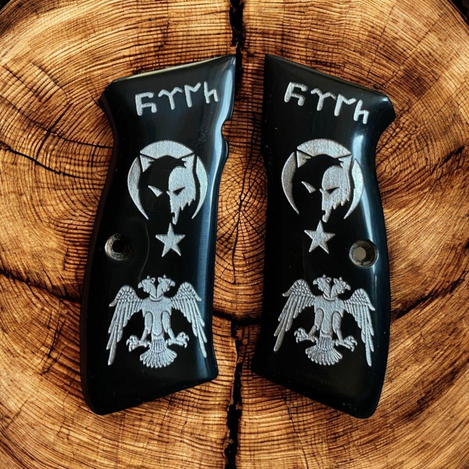 Cz çift başlı selçuklu kartalı, börü ve Türk yazılı siyah sedef kabze