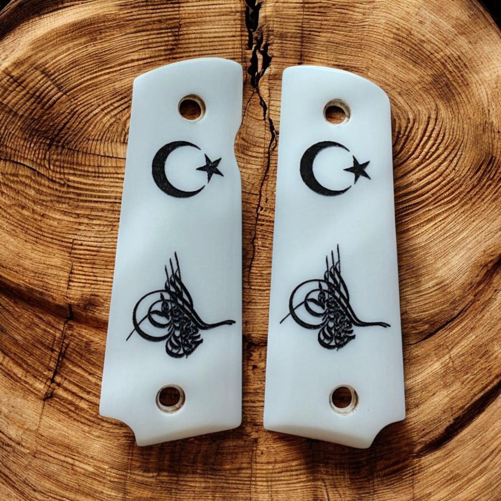 Model 1911 osmanlı tuğrası ve ay yıldız işlemeli beyaz sedef kabze