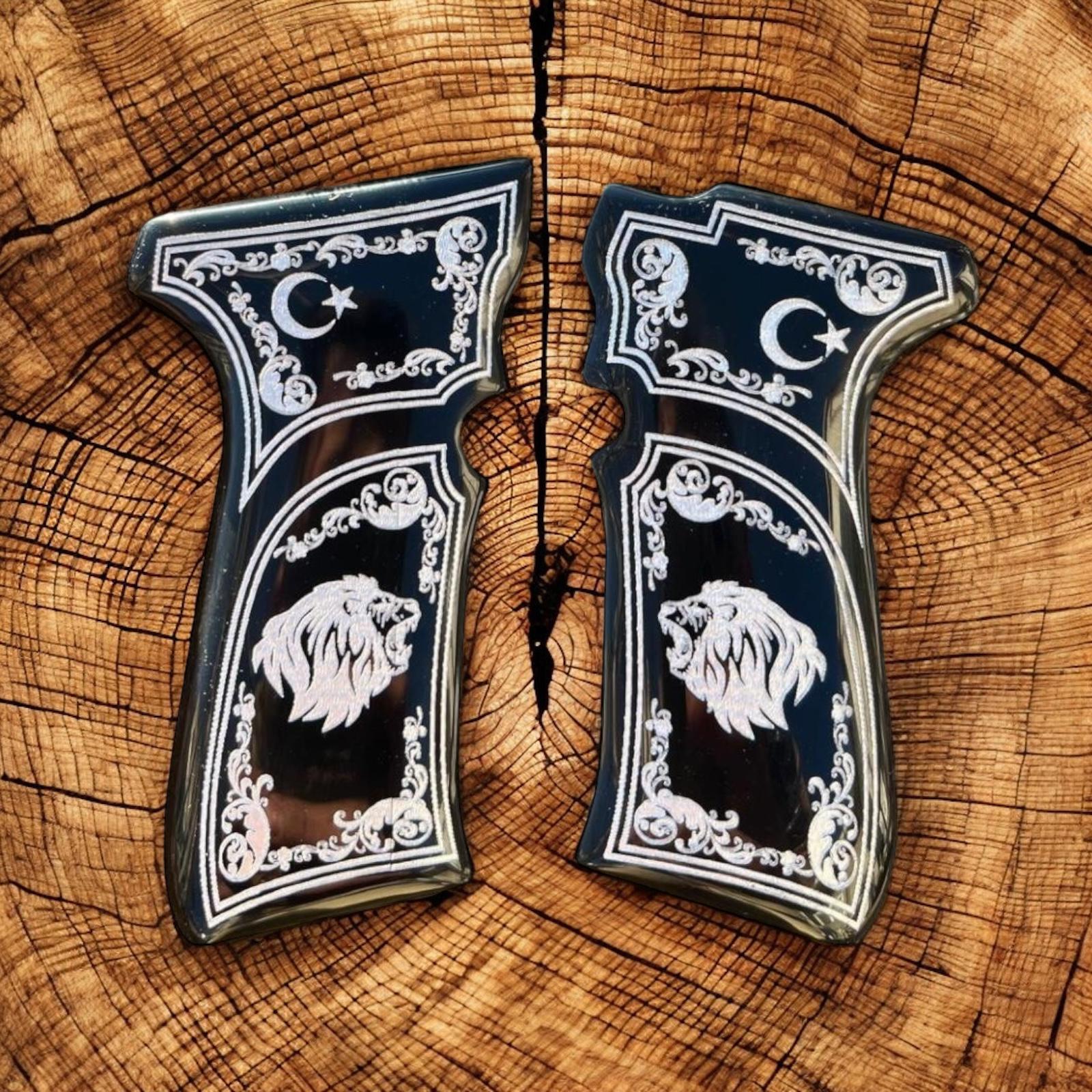 Yavuz aslan baş full dekor gümüş yaldız işlemeli siyah sedef kabze