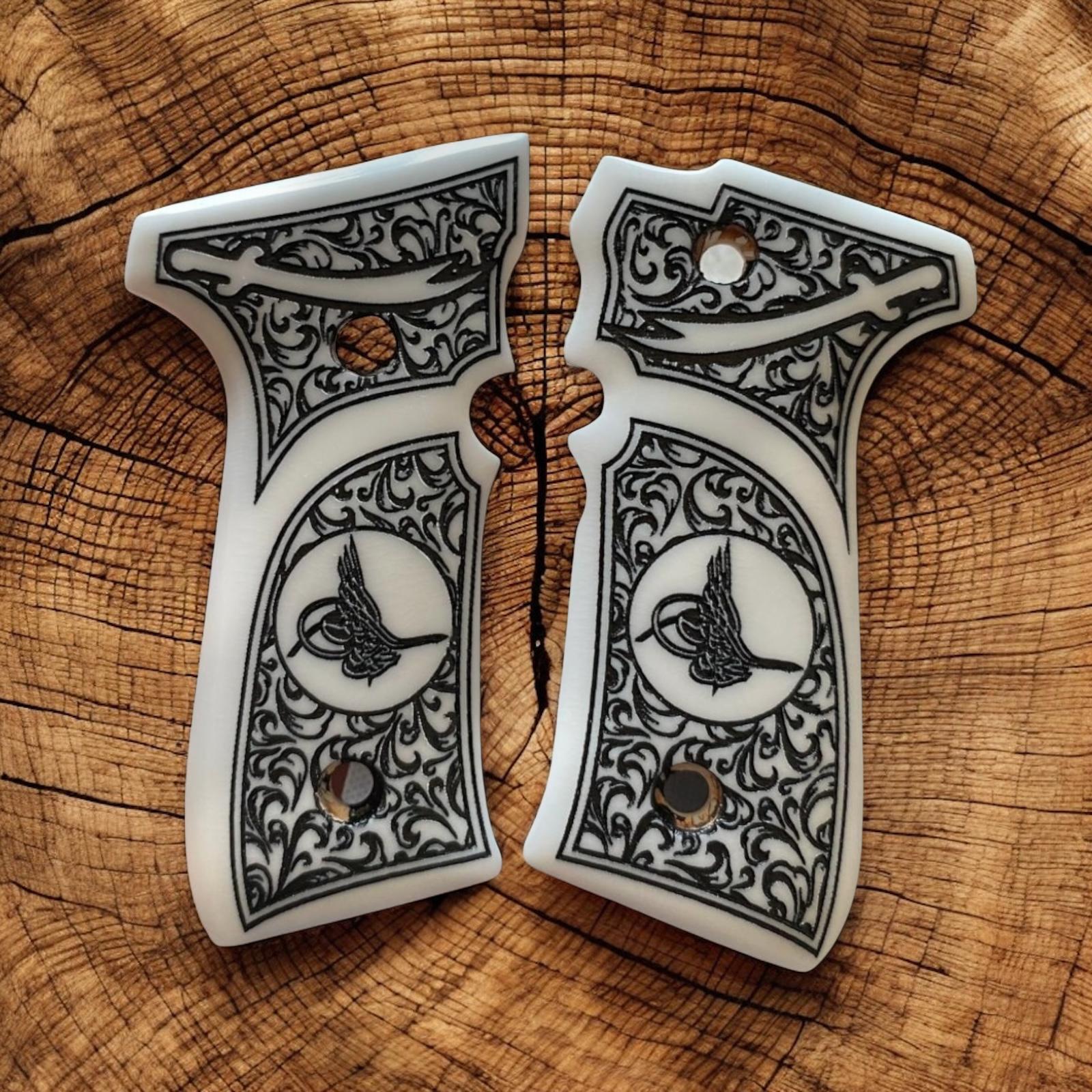 Yavuz osmanlı tuğrası ve zülfikar kılıcı işlemeli beyaz sedef kabze