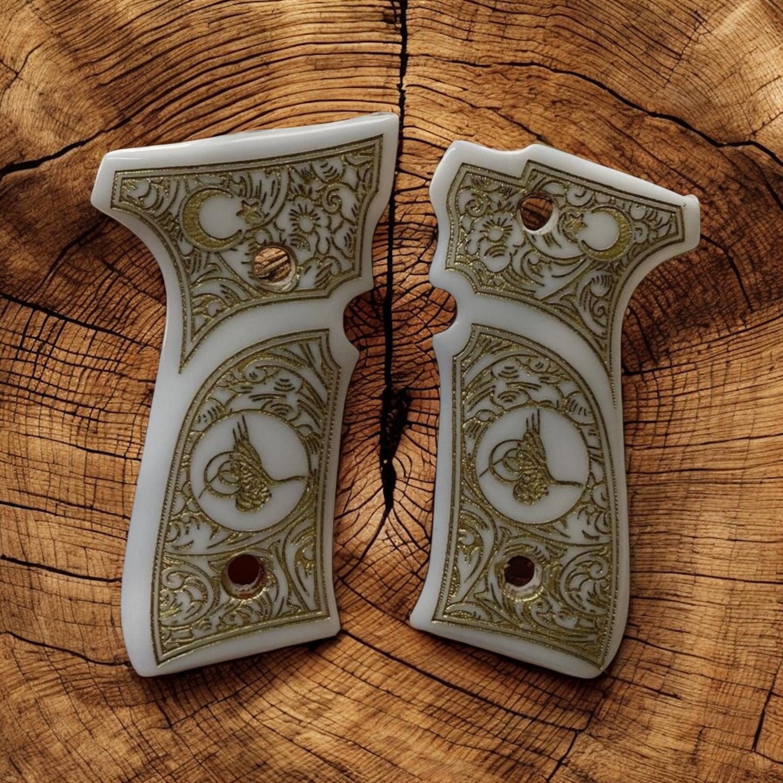 Yavuz Osmanlı tuğrası yaldız işlemeli full dekor beyaz sedef kabze