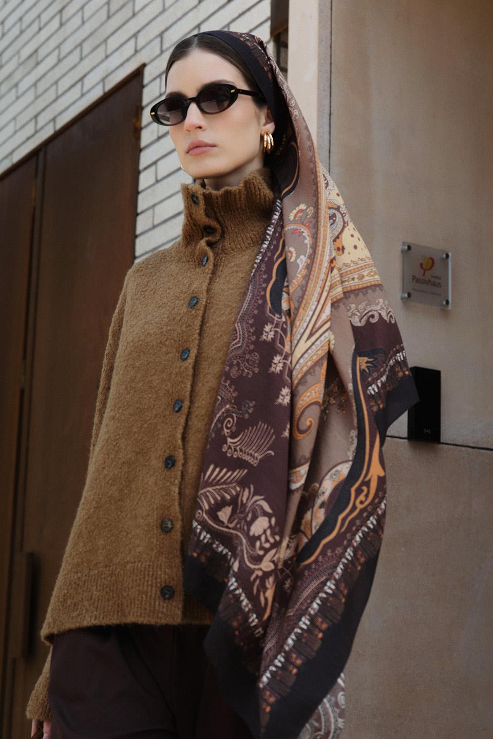 Acı Kahve Bloom Paisley Yün İpek Şal