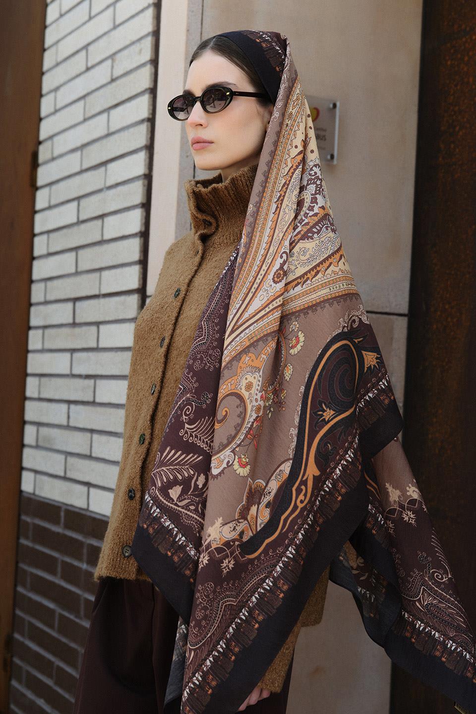 Acı Kahve Bloom Paisley Yün İpek Şal