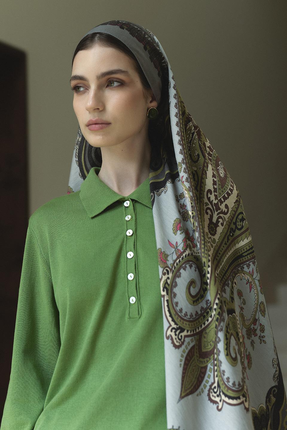 Açık Yeşil Bloom Paisley Yün İpek Şal