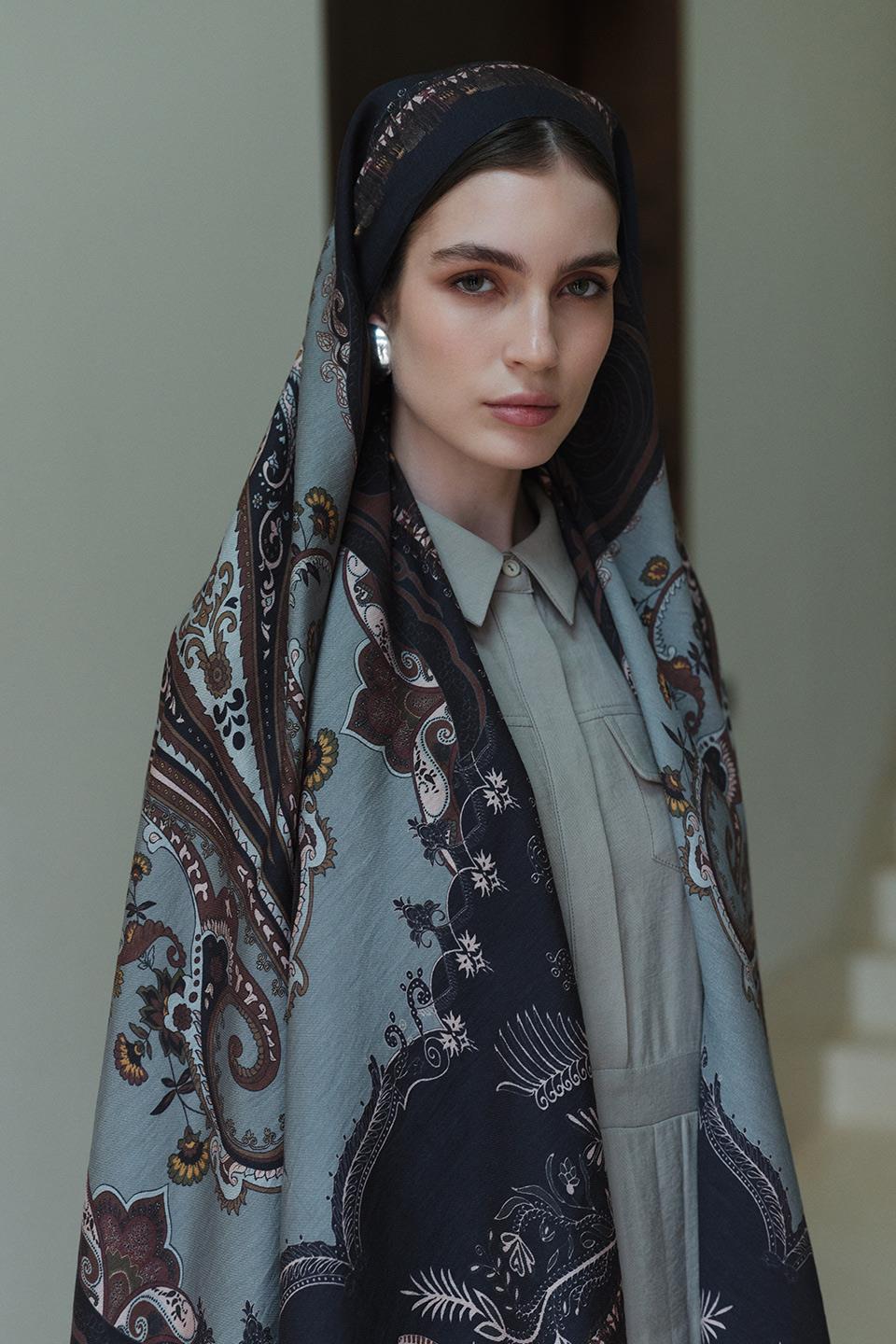 Antrasit Bloom Paisley Yün İpek Şal