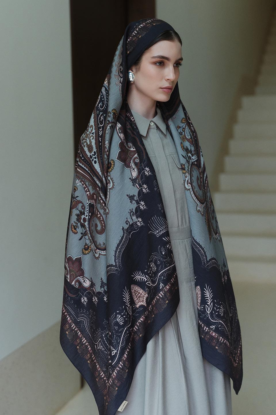 Antrasit Bloom Paisley Yün İpek Şal