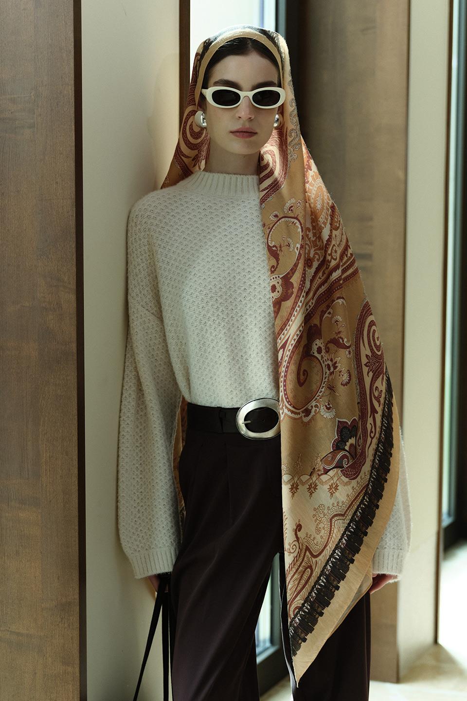 Bej Bloom Paisley Yün İpek Şal