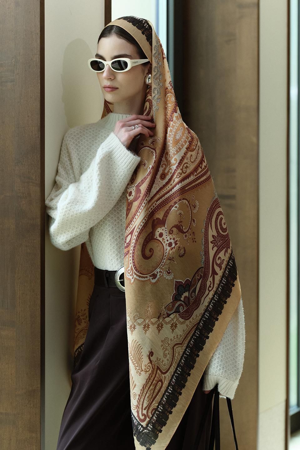 Bej Bloom Paisley Yün İpek Şal