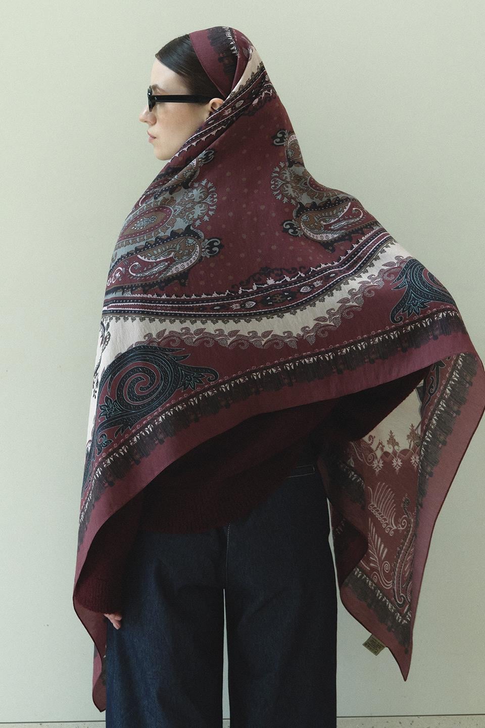 Bordo Bloom Paisley Yün İpek Şal