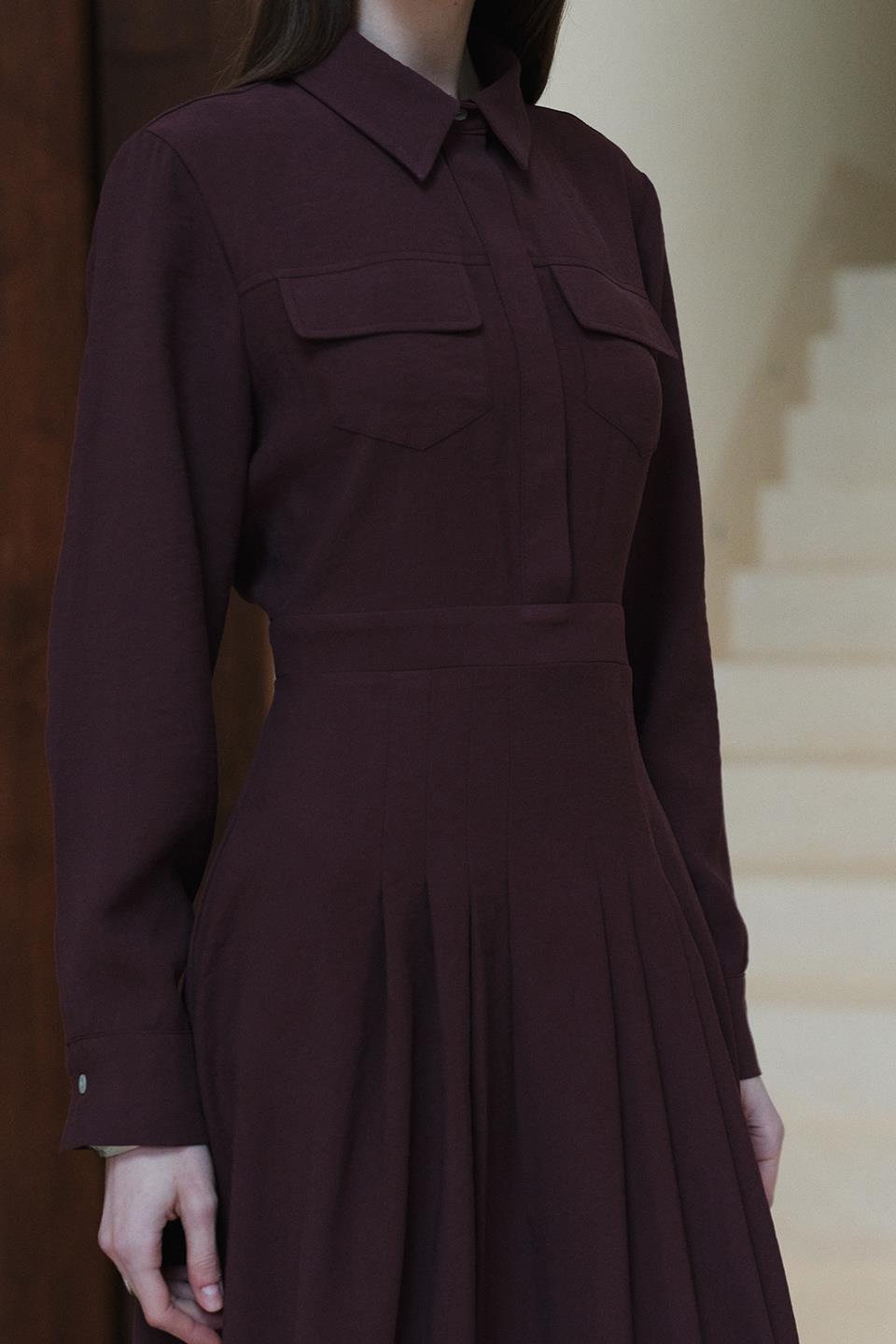 Bordo Camille Pile Detaylı Elbise