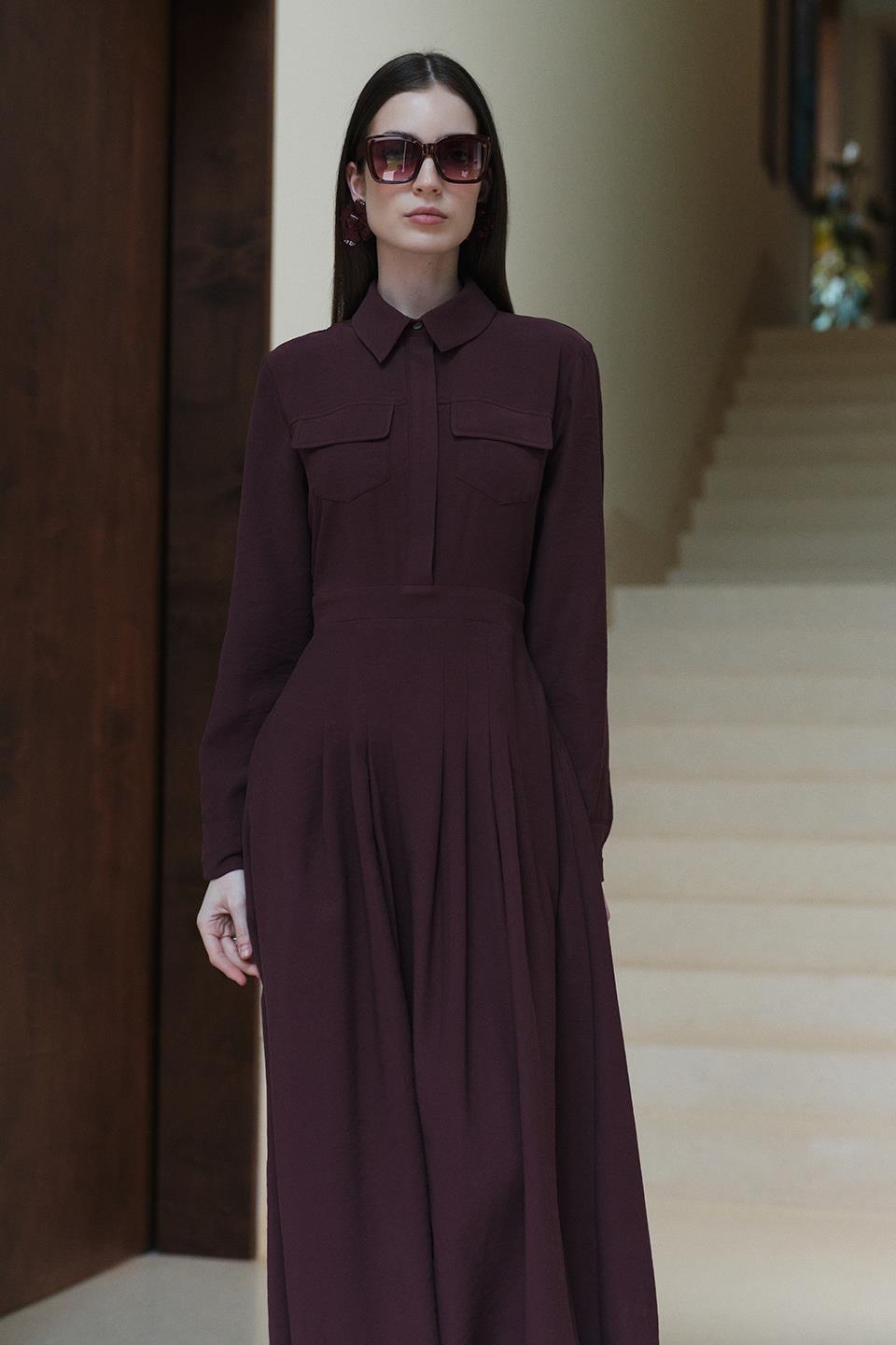 Bordo Camille Pile Detaylı Elbise