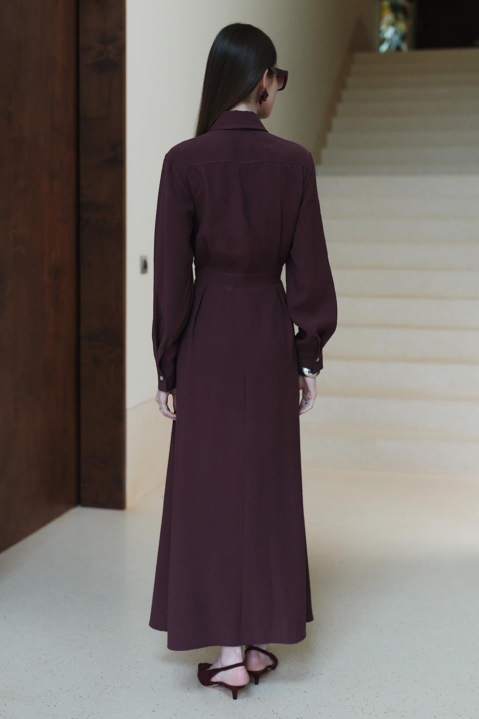 Bordo Camille Pile Detaylı Elbise