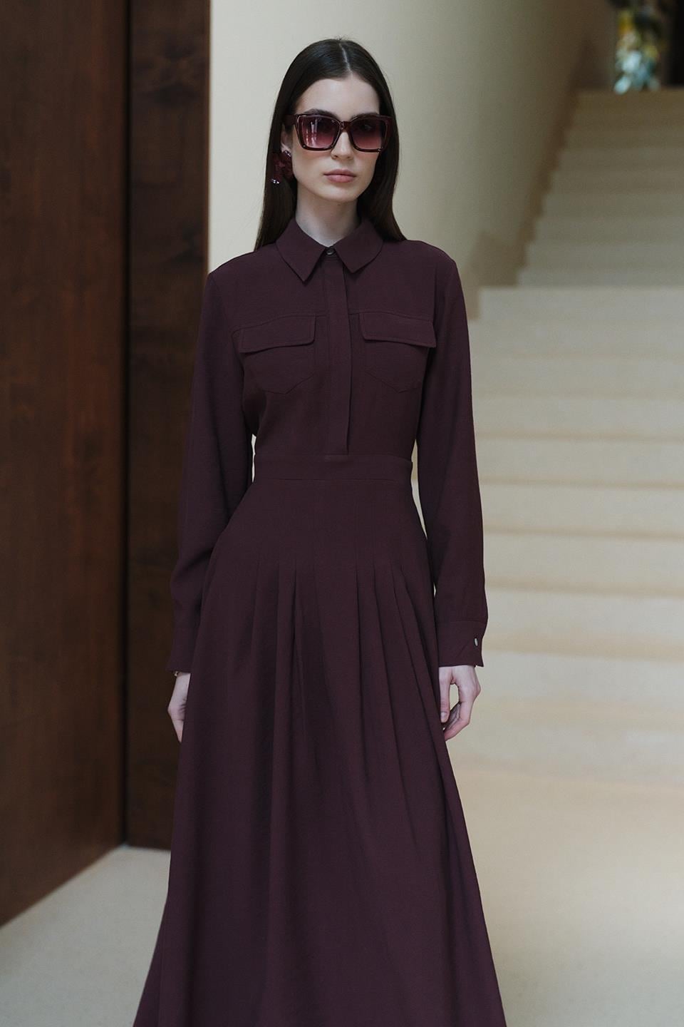Bordo Camille Pile Detaylı Elbise