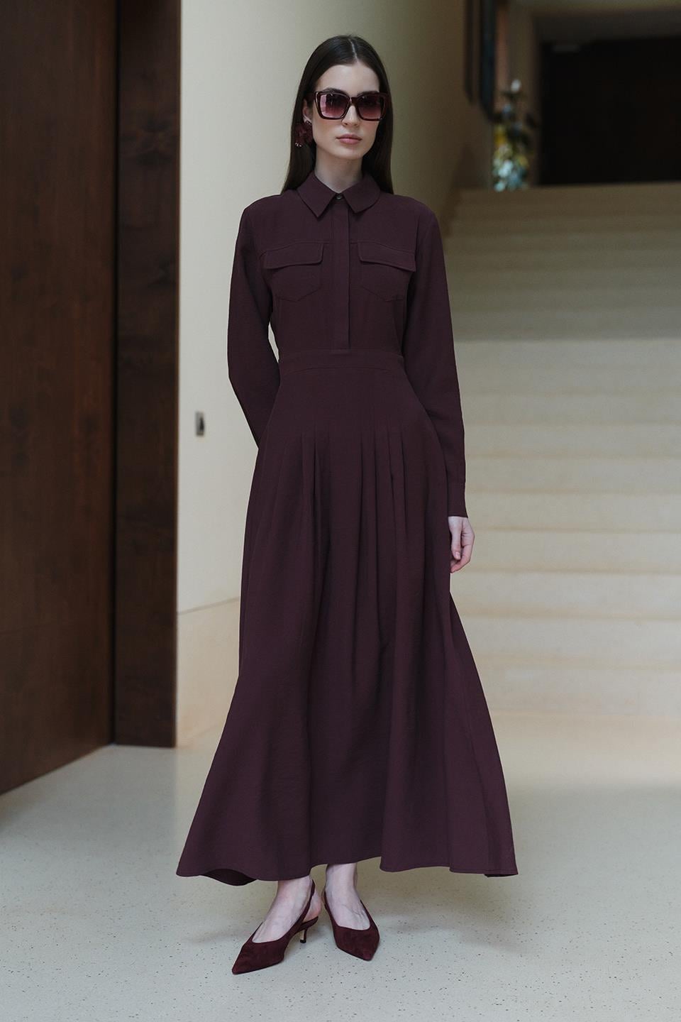 Bordo Camille Pile Detaylı Elbise