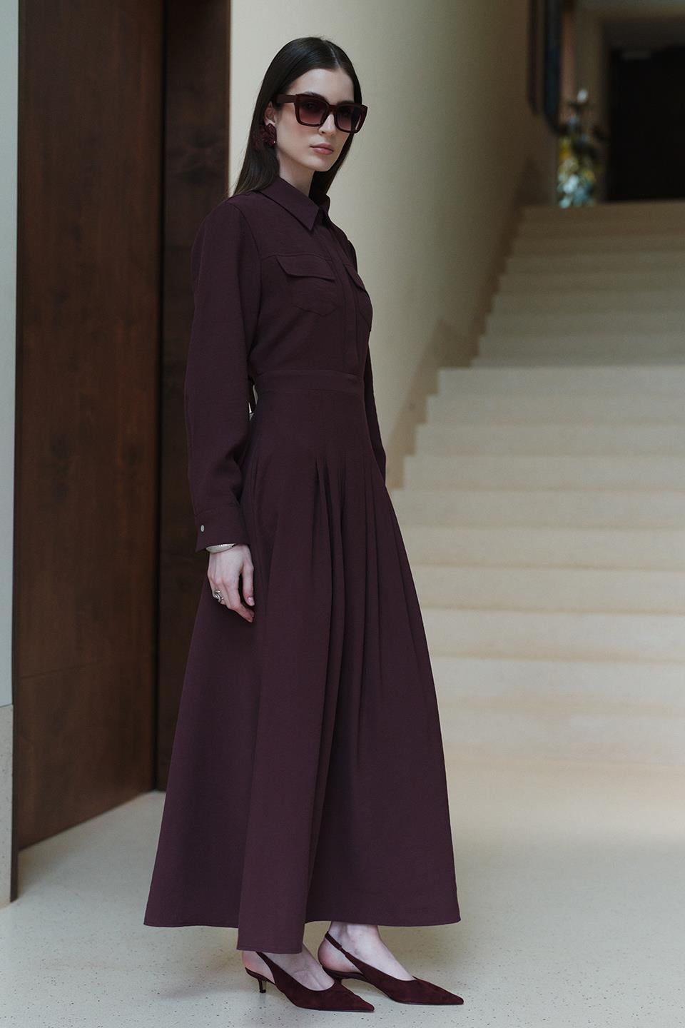 Bordo Camille Pile Detaylı Elbise