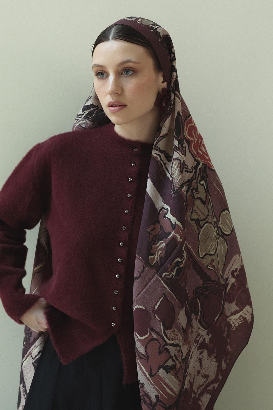 Bordo Rosalyn Yün İpek Şal