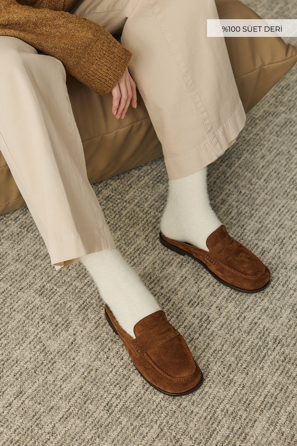 Camel Brielle Süet Loafer Terlik