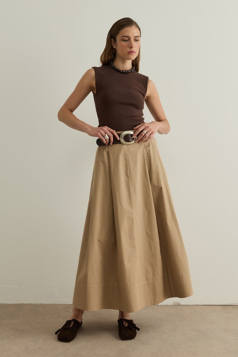 Camel Lena Dikiş Detaylı Poplin Etek