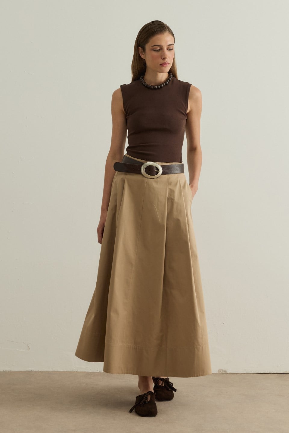 Camel Lena Dikiş Detaylı Poplin Etek