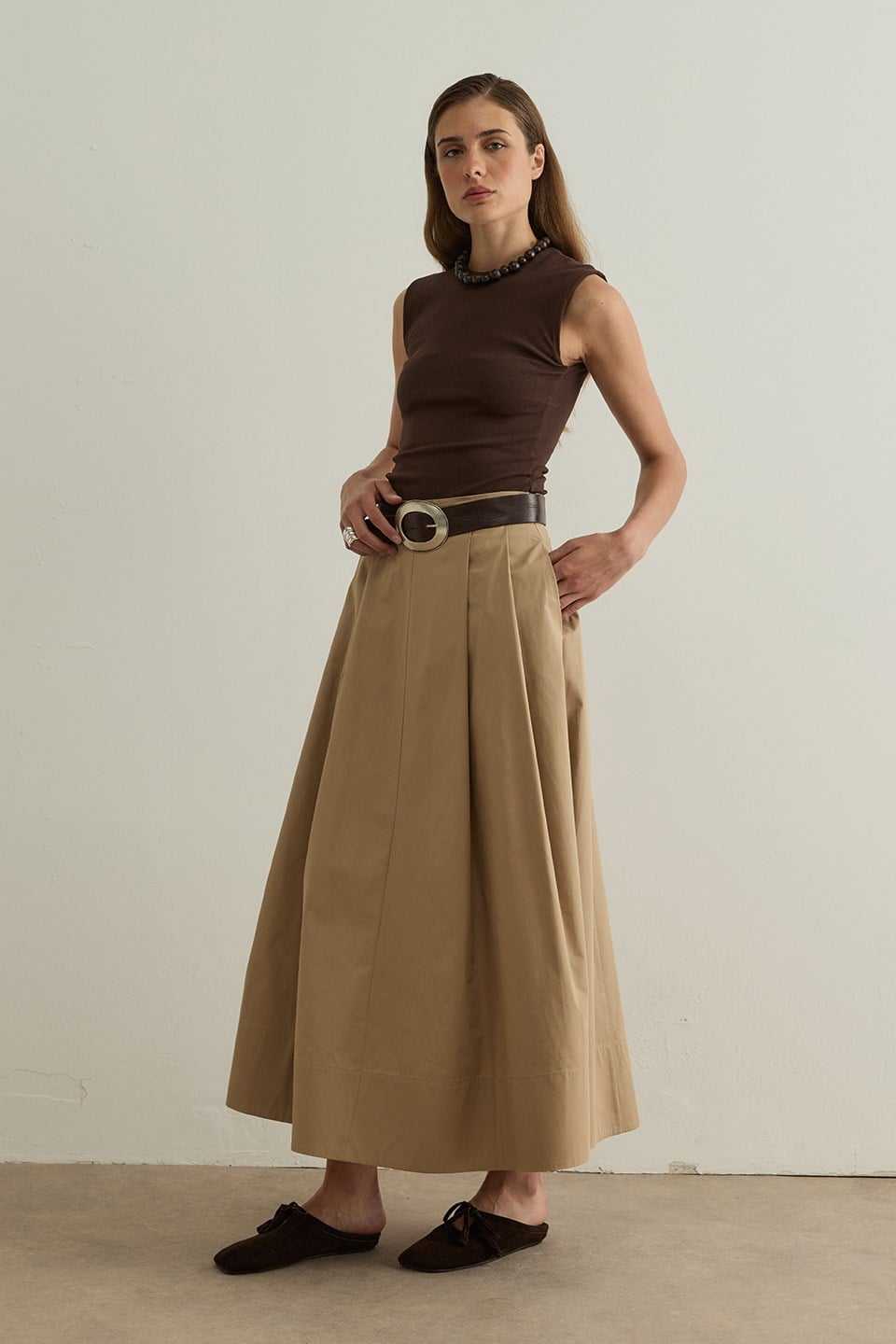 Camel Lena Dikiş Detaylı Poplin Etek