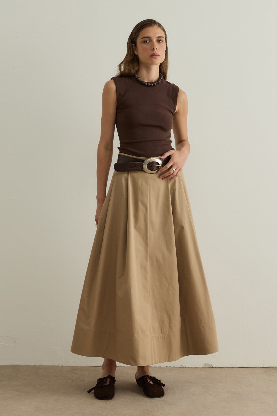 Camel Lena Dikiş Detaylı Poplin Etek