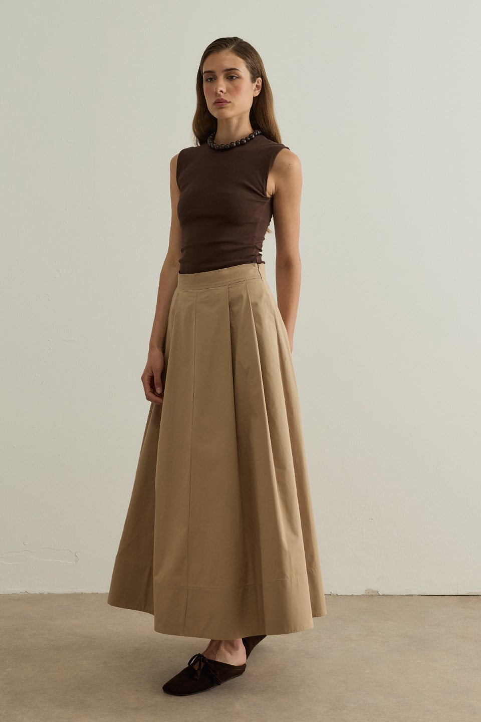 Camel Lena Dikiş Detaylı Poplin Etek