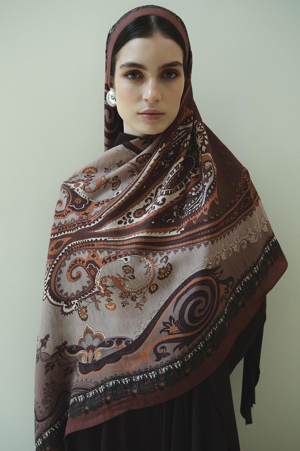 Çikolata Kahve Bloom Paisley Yün İpek Şal