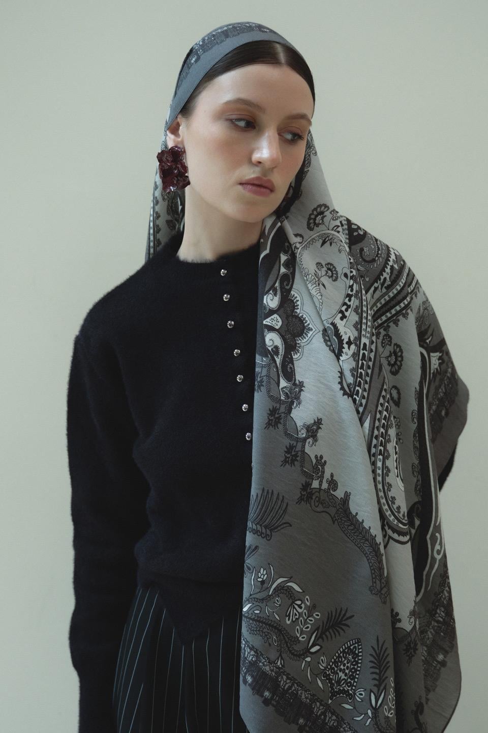 Gri Bloom Paisley Yün İpek Şal