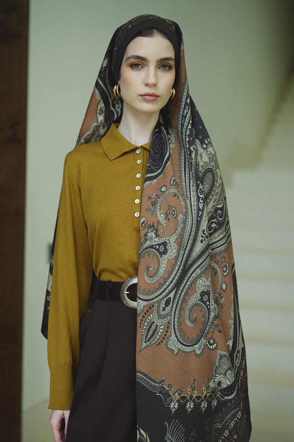 Haki Bloom Paisley Yün İpek Şal