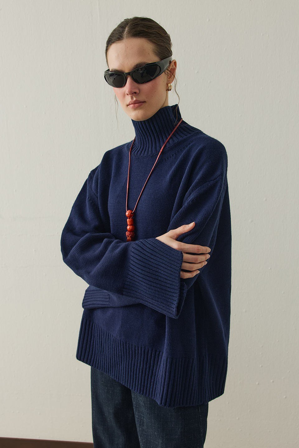 Lacivert Arden Oversize Boğazlı Triko Kazak