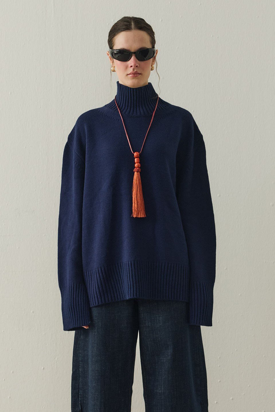 Lacivert Arden Oversize Boğazlı Triko Kazak