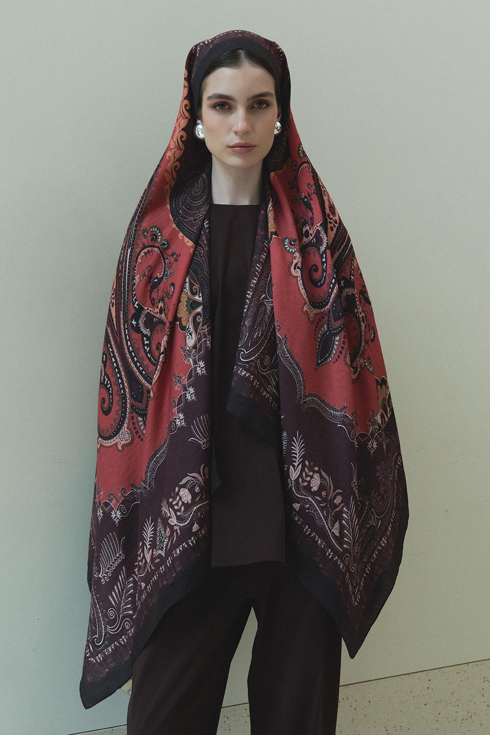 Mürdüm Kahve Bloom Paisley Yün İpek Şal