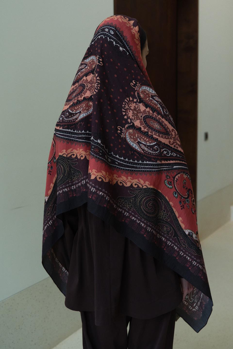 Mürdüm Kahve Bloom Paisley Yün İpek Şal