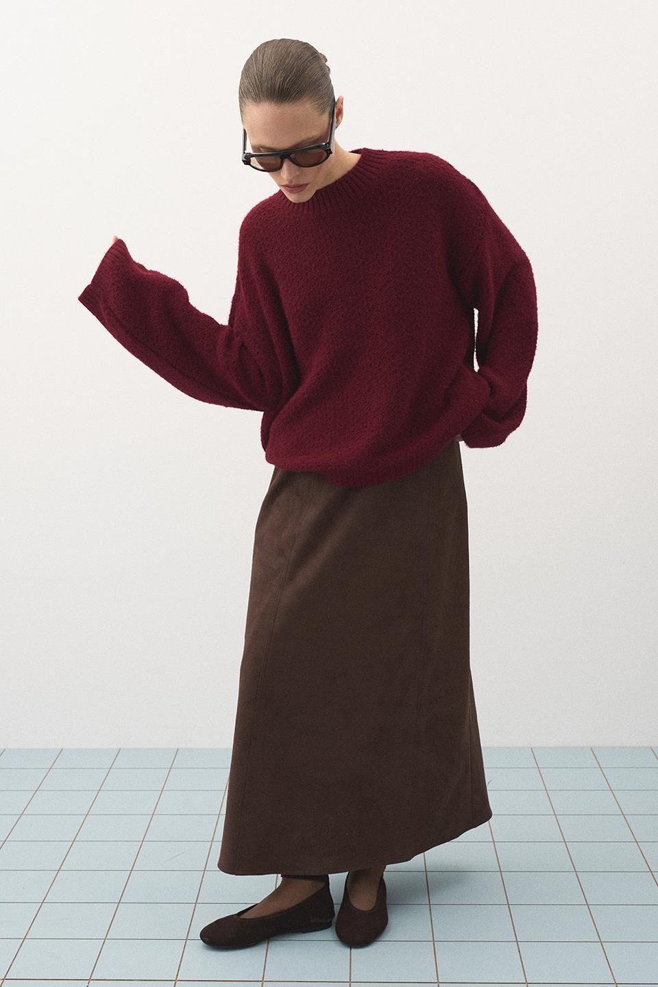 Oversize Örgü Kazak Bordo